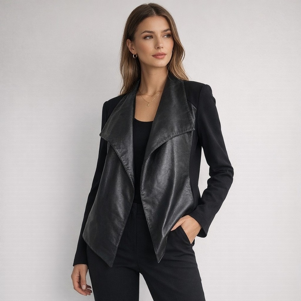 Theory Brigida Rave Leather Lambskin Drape Jacket Black Ponte Sleeves XS  Luxury
